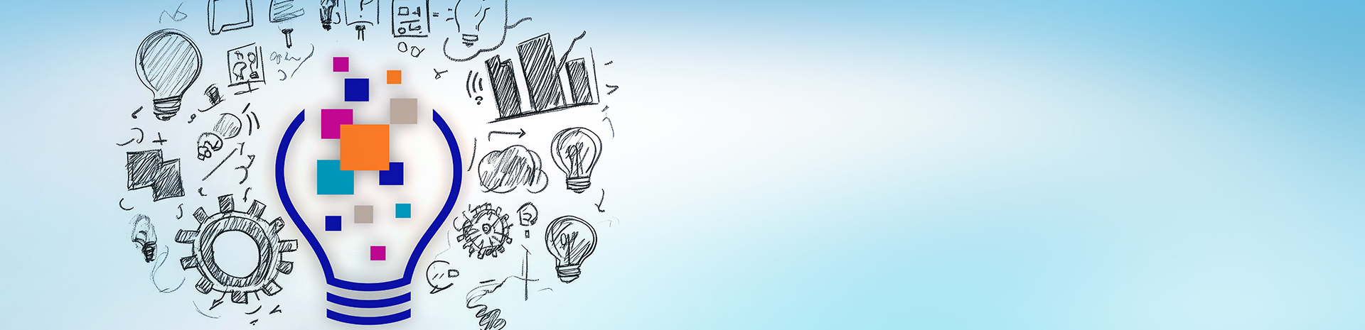 An image of a lightbulb drawing surrounded by other smaller drawings, including more lightbulbs and cogs