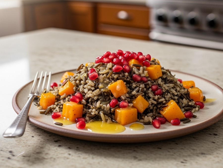 wild rice, butternut squash, and pomegranate seeds on a ceramic plate on a kitchen counter