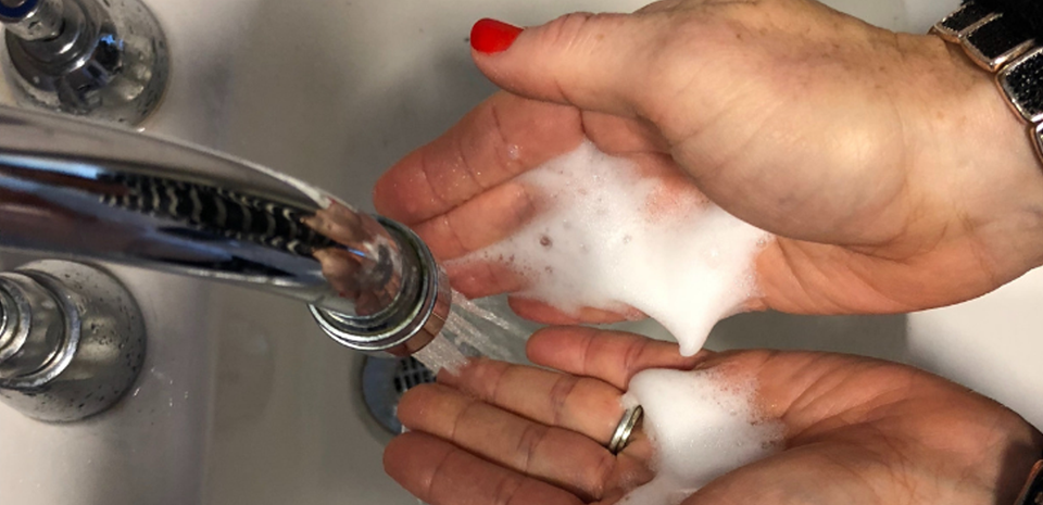 A woman's hands in the sink as she washes them