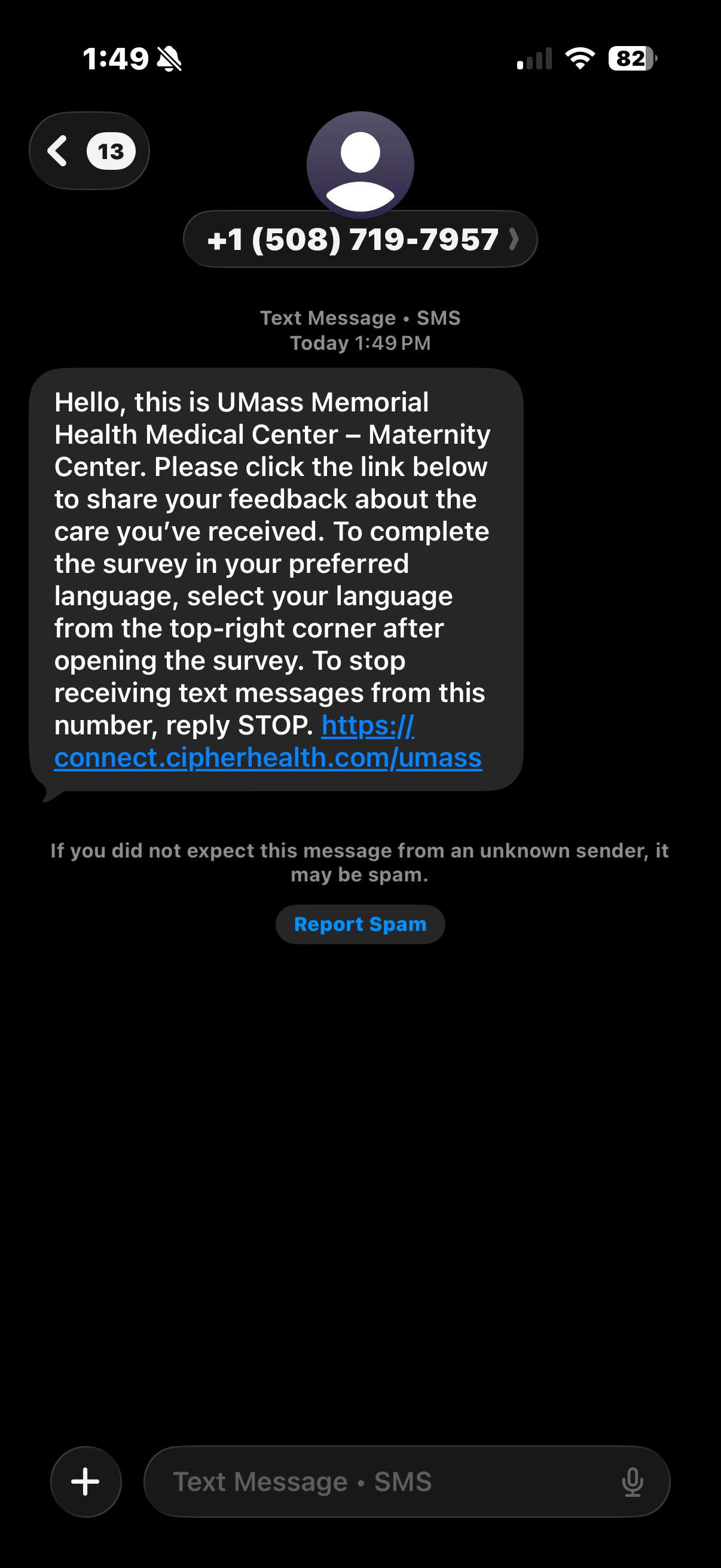 A screenshot of a text message from UMass Memorial Health. The message contains information about a link to a survey. 