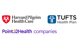 Point32health-companies, Harvard Pilgrim Health Care and Tufts Health Plan logos
