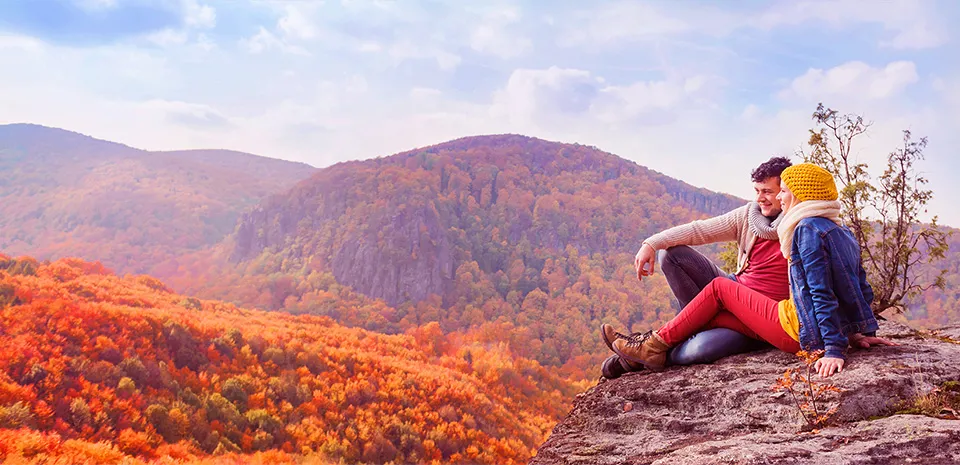 An autumn landscape as seen from a mountaintop.
