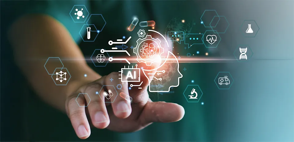 A person interacts with a virtual interface from behind the displayed icons.