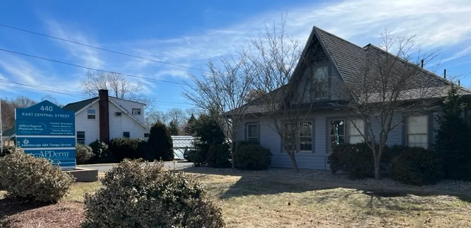 The exterior of "Franklin-Wrentham Family medicine" on a sunny winter day.