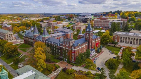 An aerial view of the red brick College of the Holy Cross in Worcester, MA.