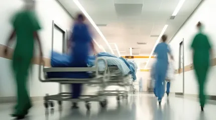 Health care workers walking up and down a hospital corridor.