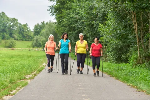 A group of mature women with hiking sticks are walking on a path.