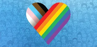 Two pride flags are formed into the shape of a heart and superimposed over a graphic of many faces to represent Pride Month.